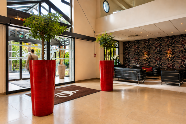 Deux grandes plantes en pot dans le hall d’entrée d’un hôtel